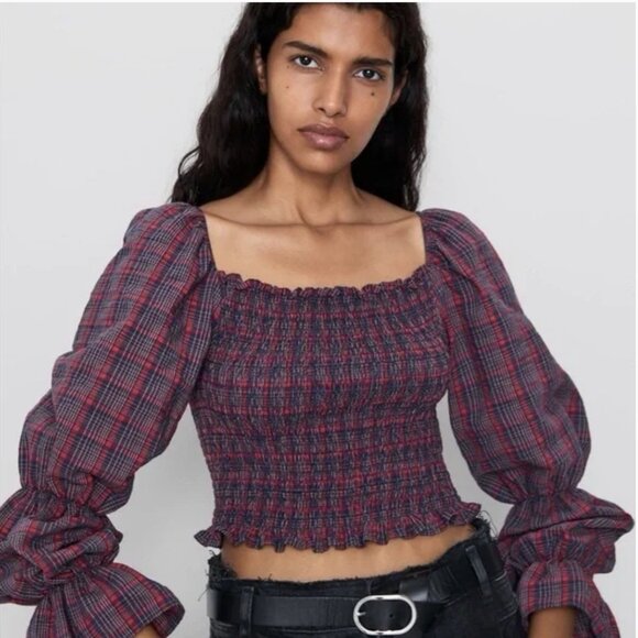 Zara Plaid Victorian Smocked Puff Sleeve Crop Top, S - Picture 1 of 9